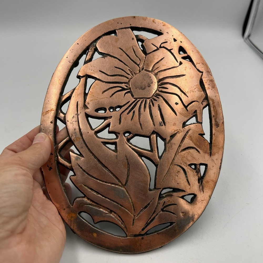 Vintage Solid Copper Trivet Wall Plaque - Wildflower Design - Taiwan